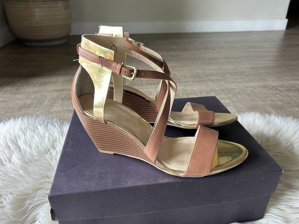 Enzo Angiolini McKinney Wedge Sandals 8.5 Women’s Brown Leather Ankle Strap NIB